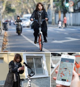 上圖為騎摩拜單車行進在上海街頭；左下圖使用手機將自行車解鎖；右下圖使用手機APP查看附近單車分佈情況。 （新華社 賴鑫琳 攝）