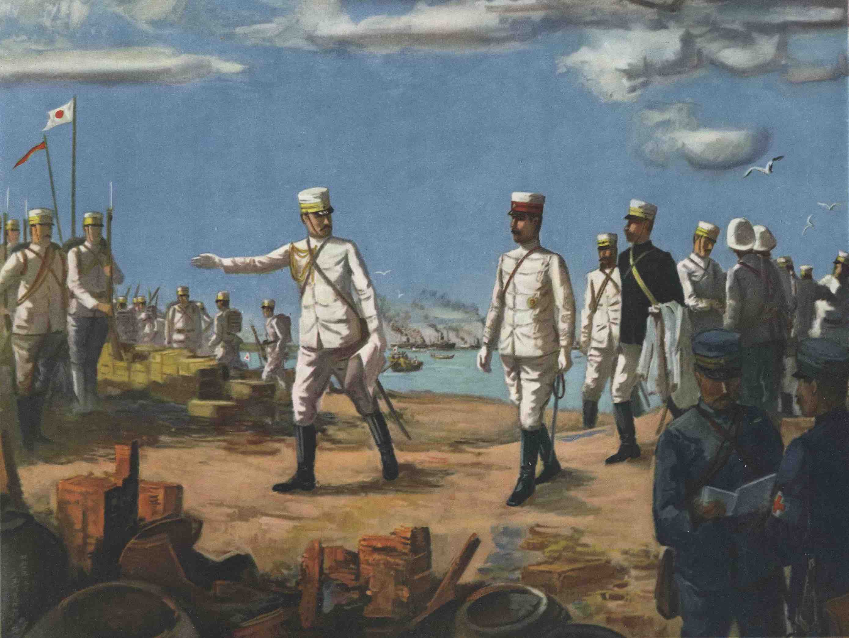 伏見宮貞愛親王所率的日軍從布袋嘴登陸的版畫。