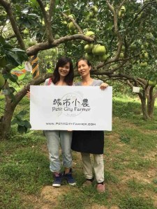 「城市小農」創始人廖子瑄在台灣苗栗西湖有機文旦農場與農友嚴秀貞合影。